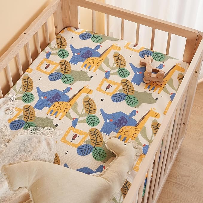 TILLYOU Muslin Crib Sheets for Boys and Girls 2 Pack, Neutral Soft Cotton Baby Crib Mattress Protector, for 52x 28 Toddler Bed, Animal Geometry & Blue