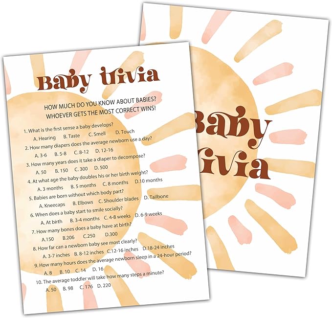 Baby Shower Games For Boy, Boho Sun Baby Trivia Baby Shower Game, Sunshine Here Comes The Son Gender Reveal Games, Set of 25 Cards(Bohosun002)