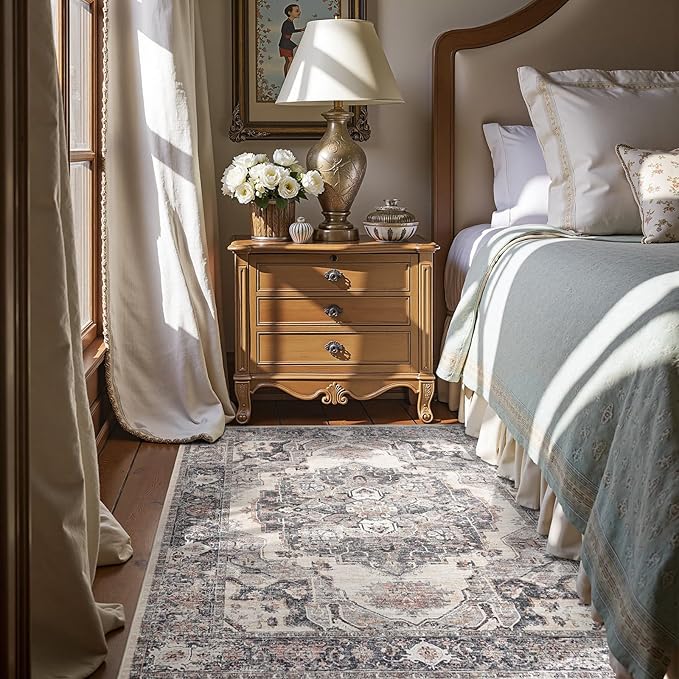 jinchan Area Rug 4x6 Washable Vintage Rug Floor Cover Traditional Thin Grey Multi Distressed Floral Print Indoor Mat for Bedroom Living Room Kitchen Dining Room