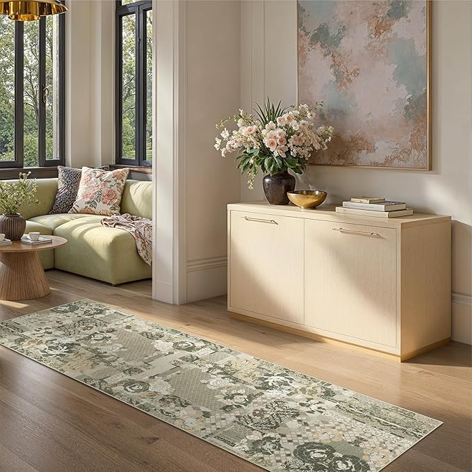 GENIMO Floral Runner Rug 2X6, Machine Washable Non Slip Vintage Patchwork Hallway Runner, Ultra-Thin Low Pile Runners for Indoor Entryway, Hallway, Kitchen and Corridor, Taupe Gray