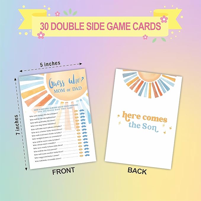 Guess Who? Mom Or Dad - Retro Sunshine Baby Shower Game Set - Watercolor Sunshine Theme Baby Shower Game Kit, Gender Reveal, Baby Announcement Party Favor & Supplies - A03