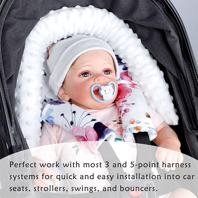 Floral Car Seat Head Support Infant Baby Carseat Head Support & Strap Covers for Newborns Ultra Soft Minky Dotted Fabric Perfect for Baby Carseats, Strollers, and Bouncers