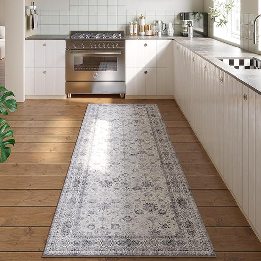 Runner Rug 2'x6' Hallway Washable Boho Soft Area Rug Non-Slip Non-Shedding Faux Wool Vintage for Kitchen, Entryway, Laundry, Bedroom, Indoor (Grey and White)