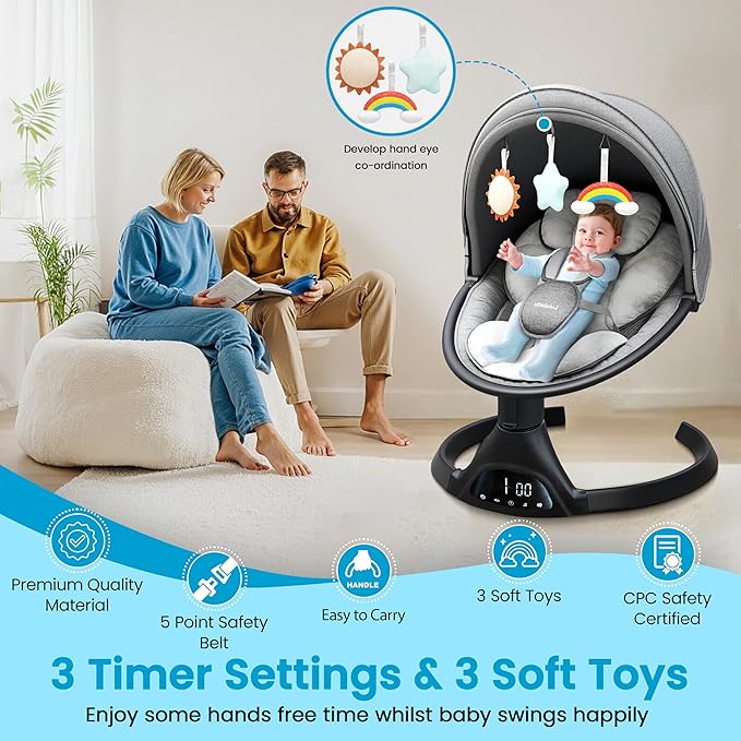Baby Swings for Infants - Lulabelle Portable Infant Swing with Adjustable Height, 5 Sway Speeds with Remote Control, Lullaby Songs, Stationary Seat Baby Swing - for Girls & Boys.