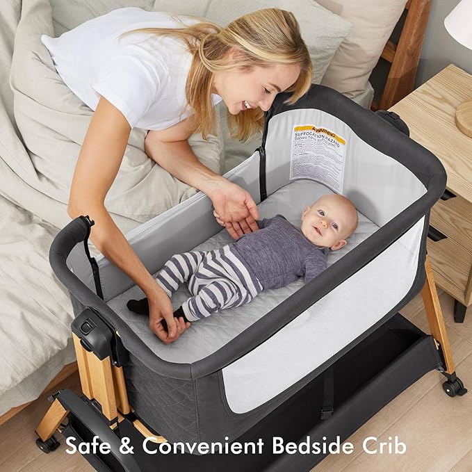 Bassinet Bedside Sleeper, Rocking Bassinets with Comfy Mattress and Wheels for Newborn, 5-Height Adjustable (Black)