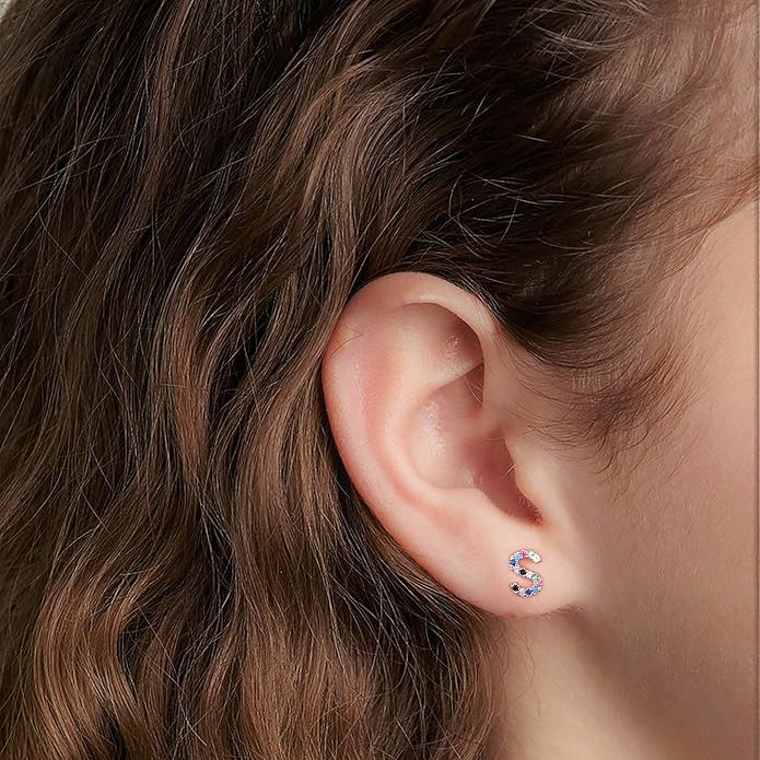 Memorjew Initial Stud Earrings for Women, Hypoallergenic 925 Sterling Silver Post Rainbow Cubic Zirconia Gold Plated 26 Initial Earrings for Women Jewelry Gifts