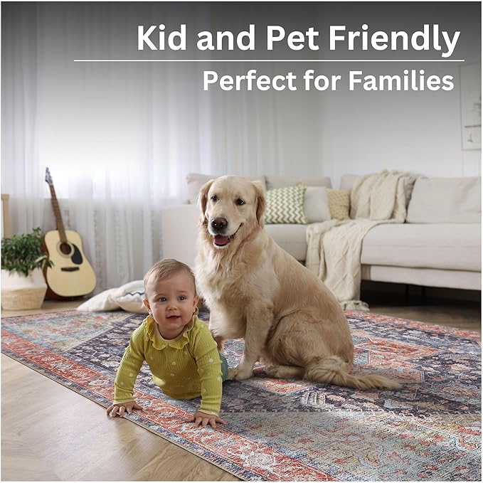 Bloom Rugs Washable Non-Slip 6' x 9' Rug - Terracotta/Blue Traditional Medallion Area Rug for Living Room, Bedroom, Dining Room, and Kitchen - Exact Size: 6' x 9'