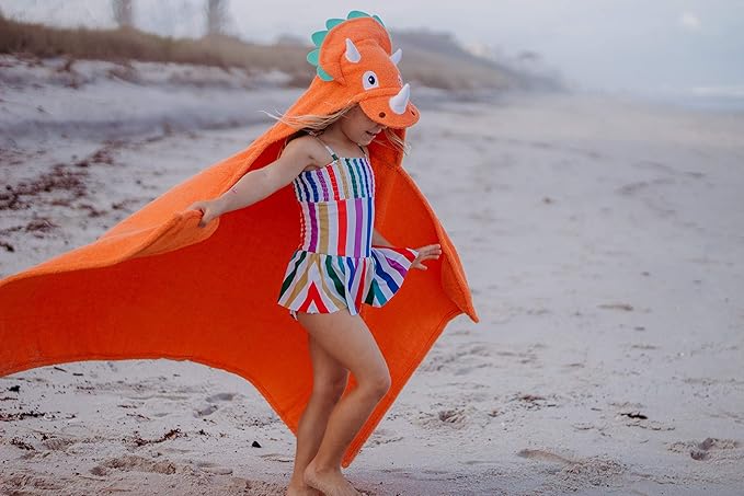 Hooded Baby Towel for Kids 2-8 | Large 100% Cotton Baby Towel for Boys or Girls in Orange | Cute Dino Bath Towels for Babies and Toddlers with Dinosaur Design