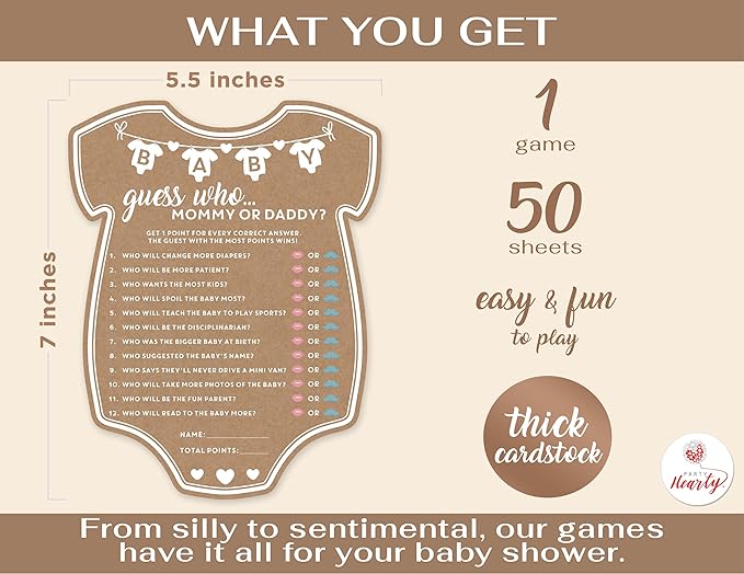 Party Hearty Baby Shower Games for Girl or Boy, 50 pcs Mommy or Daddy Guess Who Game, Fun Activity Cards, Gender Neutral, Baby Shower Ideas