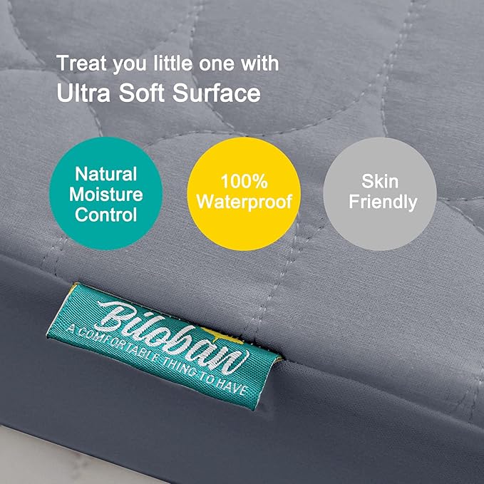 Biloban Crib Mattress Protector 2 Pack, Waterproof, Durable, Grey & Navy, Absorbent, Noiseless, Fits Standard 28 x 52 x 5 Inch Mattresses