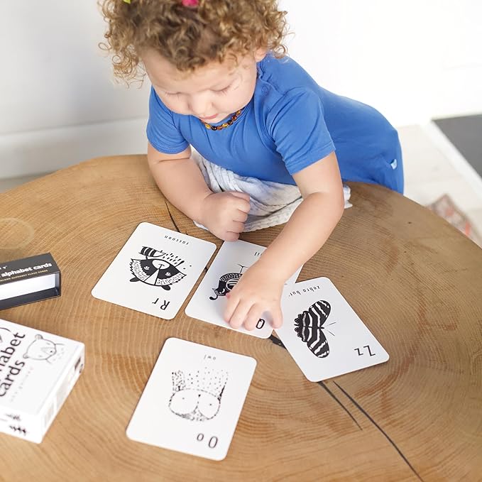 Wee Gallery Educational Flashcards for Babies, Double Sided Black and White Learning Flash cards, Woodland Animal Alphabet Cards for Visual Stimulation and Cognitive Development of Toddlers