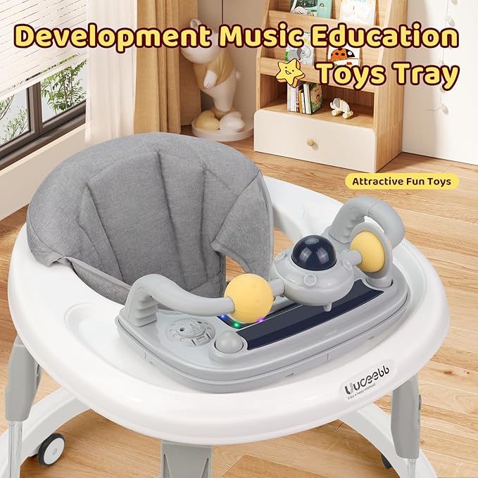 Baby Walker with Wheels,Music and Lights Baby Walker for Boys Girls 6-12 Months,Foldable Baby Walkers and Activity Center,Toddler Infant Walker with 7-Speed Height Adjustment,Detachable Plate,Gray