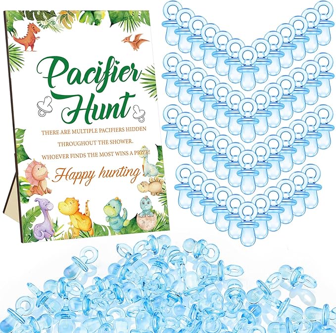 Thyle 51 Pcs Pacifier Hunt Baby Shower Games Include Hunt Sign and 50 Acrylic Pacifiers for Baby Shower Game Decoration Gift Sets Gender Reveal Party Decor(Dinosaur)