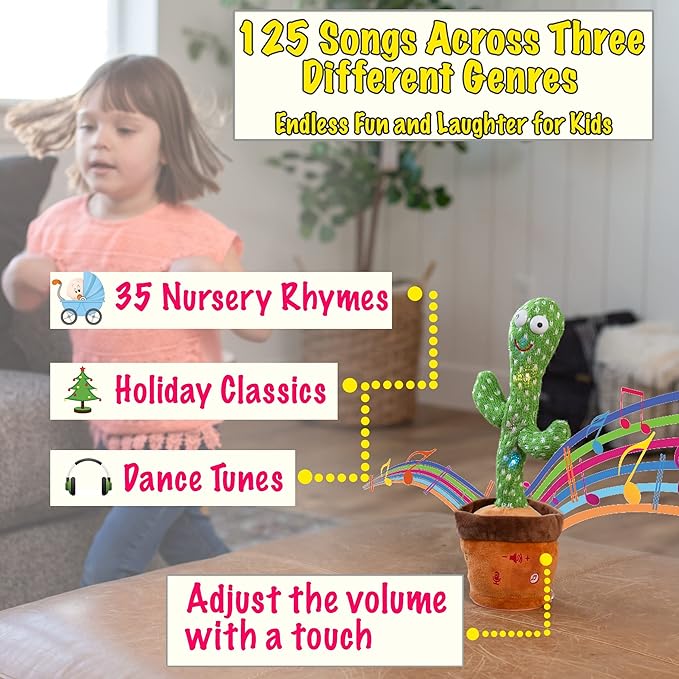 Dancing Cactus Mimicking Toy for Baby - Talking Cactus That Mimics and Sings - 125 Songs 35 Nursery Rhymes for Toddlers and Up | Repeats, Mimics and Wiggles with Dazzling LED Lights