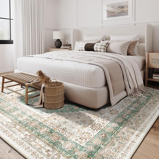 zesthome 10x14 Area Rugs,Stain Resistant Washable Rug,Ultra-Thin Rugs for Living Room,Bedroom,Non-Slip Backing Home Decor Large Area Rug (Green/Brown,10'x14')