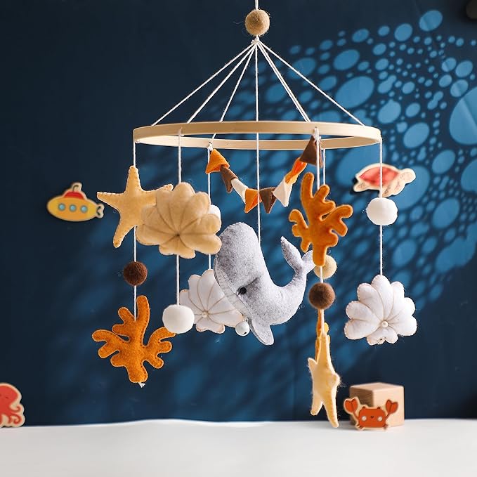 Baby Mobile for Crib - Ocean Animal Baby Mobiles - Baby Nursery Mobiles with Handmade Soft Felt Whale - Woodland Nursery Decor Toys for Ceiling Hanging | Perfect Baby Shower Gift for Baby Boys Girls