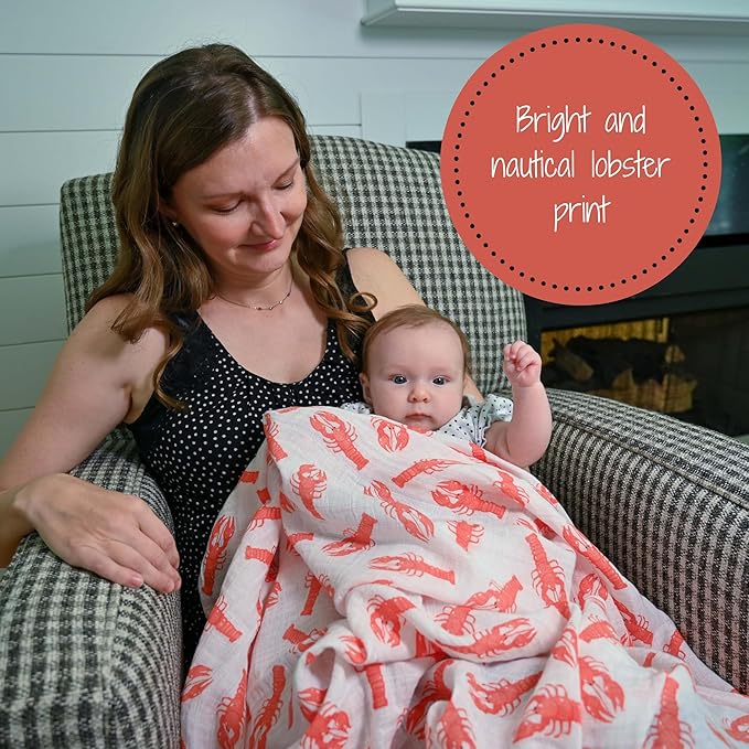 LollyBanks Muslin Swaddle Blankets for Boys and Girls, 100% Cotton Baby Blanket, Large 47 x 47 Inches Breathable Swaddles for Newborn, Gender Neutral Baby Swaddle Blanket, Registry (Lobster Print)