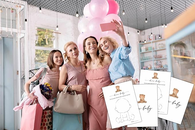 Draw Baby Games Set, Minimalism Baby Shower Party Game Card, Boho Bear Themed Gender Neutral Party Ideas Activities, Baby Shower Party Supplies & Decorations -A06
