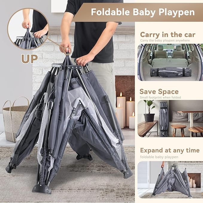 Foldable Baby Playpen, Extra Large Play Pen for Babies and Toddlers, Baby Fence Play Yard, Safety Kids Portable Playpin Indoor&Outdoor (59"X59",Dark Grey)