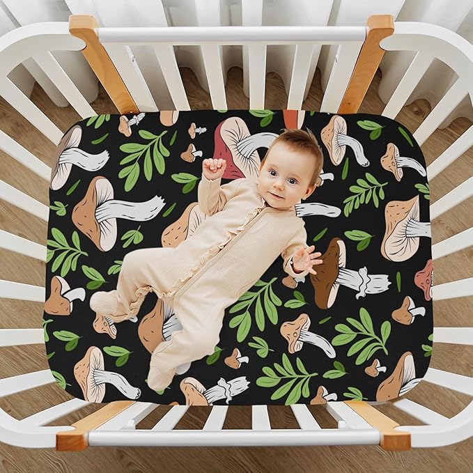 Baby Crib Sheets Wild Mushrooms Crib Sheets for Boys Girls,Neutral Bassinet Toddler Bed Play Sheets Breathable Soft and Portable 52 * 28 * 9in