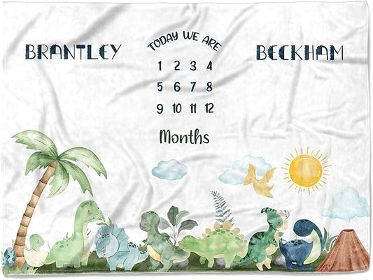 MDPrints Twin Milestone Baby Blanket, Custom Monthly Blankets for Twins Boys and Girls, Customized Gifts with Name (Twin Dinosaur TM29)