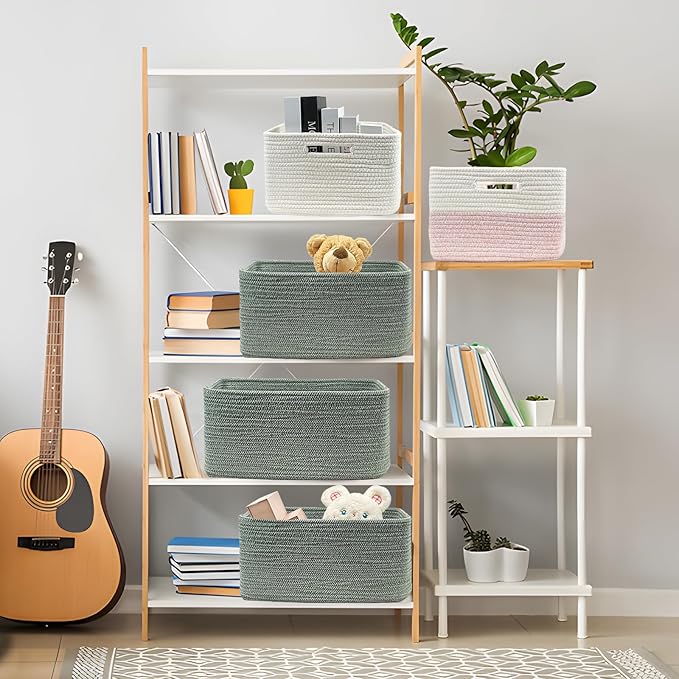 COMFY-HOMI 2 pcs Large Storage Baskets for Shelves, Laundry Basket, Woven Rope Basket, Closet Organizer Bins for Clothes Blanket Towels, Baby Nursery, Gift Toy Baskets, 17” x 13” x 7.5”-green