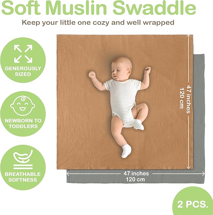 Organic Cotton Muslin Baby Blanket - 47x47 Inch Breathable Swaddle, Hypoallergenic Double-Layer, Versatile Use (Gold/Sage, 47x47 Inch)