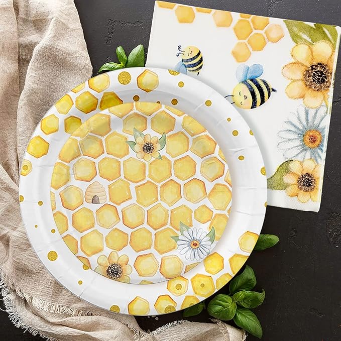Bee Tableware - Bumble Bee Themed Party Supplies Include Plates, Cup, Napkin, Cutlery, Tablecloth, Straws, Gender Reveal Baby Shower Birthday Party Decorations | Serve 24