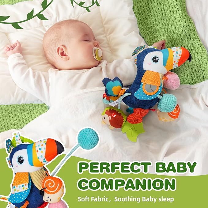 Jollybaby Musical Activity Pull String Hanging Toy for Baby Stroller Car Seat Crib Play Gym, Plush Stuffed Toucan Sensory Toys for Carseat with Music Teether Rattles, Baby Boys and Girls Gift