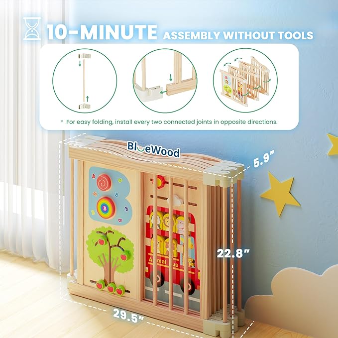 Foldable Wooden Playpen - Adjustable Wood Baby Play Yard with Child-Proof Lock, Indoor Large Safety Fence for Babies and Toddlers - Easy Assembly, 6 Panels with Sensory Toys