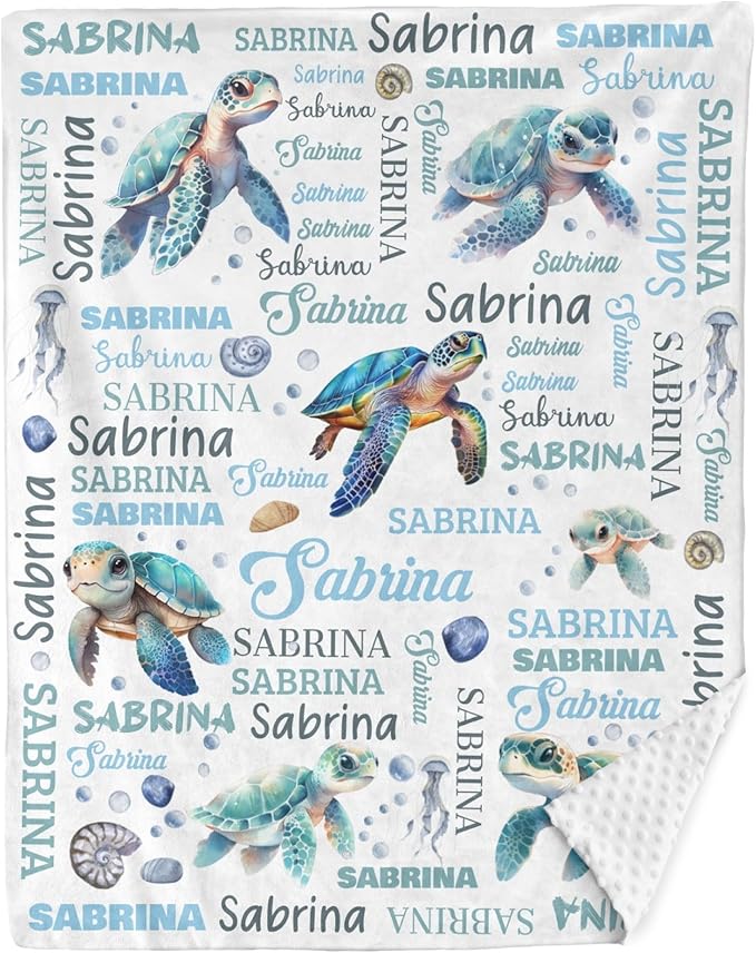 Personalized Baby Blanket for Boys Girls Turtle Custom Baby Blankets with Name Dotted Backing Customized Gifts for New Mom Customize Baby Blanket for Kids Newborn Birthday Blue