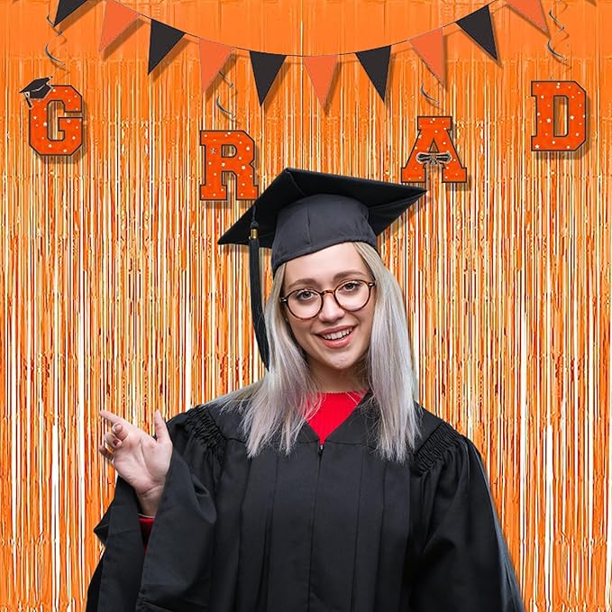 Foil Fringe Curtains Halloweens Decorations - Orange Tinsel Photo Backdrop Party Streamers for St Patricks Day, Easter, Birthdays, Fall, Pumpkin Theme, Thanksgiving, Basketball Party Decorations