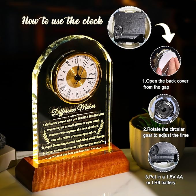 Difference Maker Glass Clock Gifts, Thank You Gift for Coworker Boss Mentor Leader Teachers Employee with Wooden Light Base, Crystal Difference Maker Plaque Appreciation Keepsake for Women Men