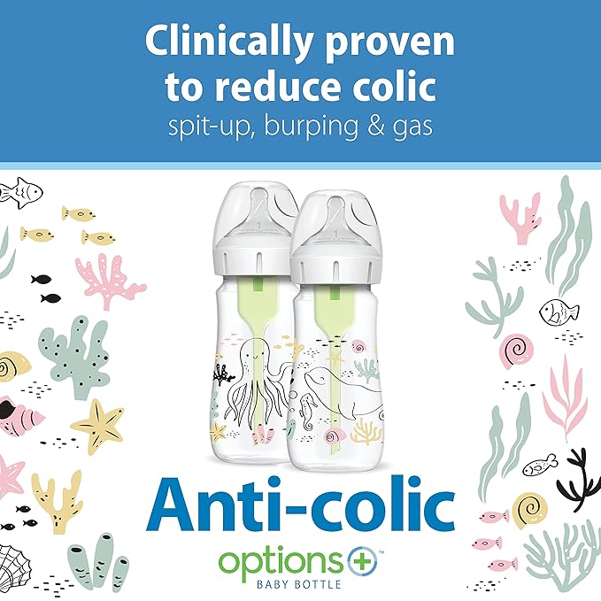Dr. Brown’s Natural Flow Anti-Colic Options+ Wide-Neck Baby Bottle Designer Edition Bottles, Ocean Decos, 9 oz/270 mL, Level 1 Nipple, 2-Pack, 0m+