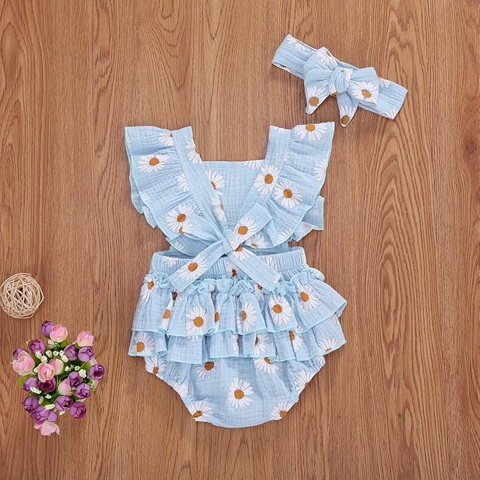 Baby Girls Floral Cotton Leotard Romper Newborn Daisy Playsuits Ruffled Sleeve Onesie Infant Jumpsuit Clothes Headband