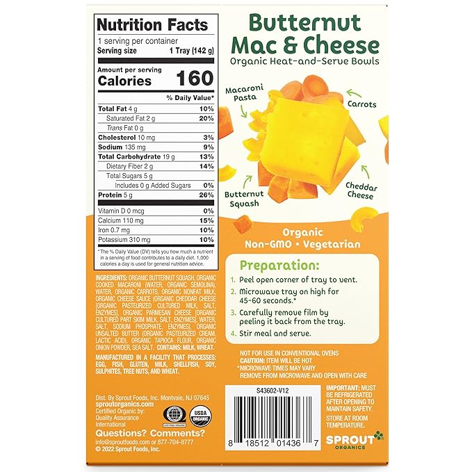 Sprout Organic Baby Food, Toddler Meals, Macaroni Pasta with Butternut Squash Cheese Sauce, 5 Oz Bowl (8 Count)