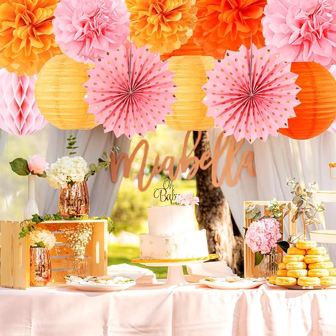 Pink-Orange Groovy-Thanksgiving Engagement Party-Decorations - 14pcs Fall Autumn Harvest Paper Lanterns Fan,Tissue Pom Poms Streamers,Honeycomb Balls,Birthday Baby Bridal Shower Wedding Decor Ouruola