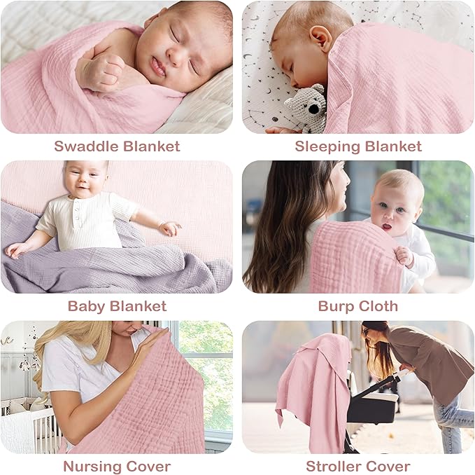 Organic Cotton Muslin Baby Blanket - 47x47 Inch Breathable Swaddle, Hypoallergenic Double-Layer, Versatile Use (Light Pink/Light Purple, 47x47 Inch)