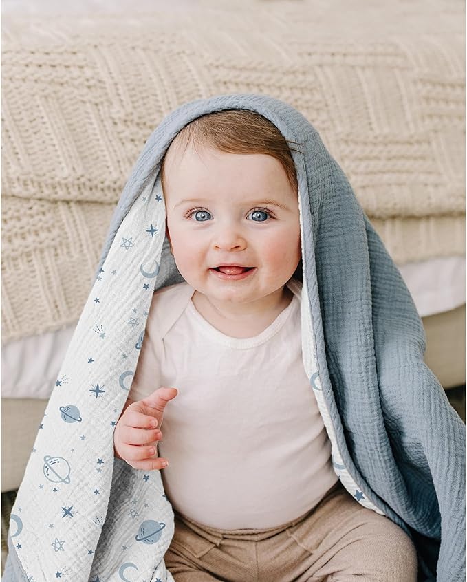 Konssy Muslin Baby Blankets for Girls Boys, 100% Cotton Crib Blanket for Infant Toddler, Super Soft and Lightweight Nursery Swaddling Wrap 40"x36" (Star)