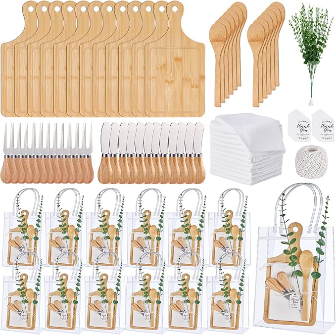 109PCS Baby Shower Prizes for Game Winners Bamboo Cheese Board Spoon Fork Butter Spreaders Plaid Towel Thank You Card and Gift Bags for Baby Shower Wedding Bridal Shower Favors (Bamboo, 12 Sets)
