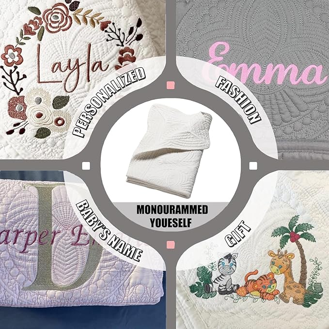 Embossed Baby Quilt Neutral Durable Lightweight Baby Blankets Four Seasons Cotton Nursery Bed Blankets for Personlized Monogram 46x36 Inches (White)