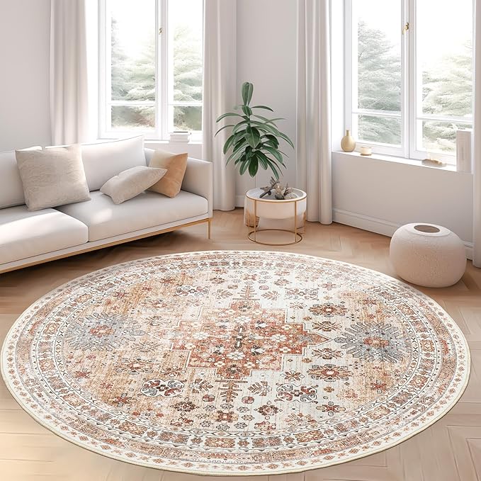 zesthome 8ft Round Rugs for Living Room, Non-Slip Washable Round Area Rugs, Ultra-Thin Large Circle Rugs, Soft Low Pile Rug for Bedroom, Kitchen - Vintage Stain Resistant Round Rug (Orange,8'x8')