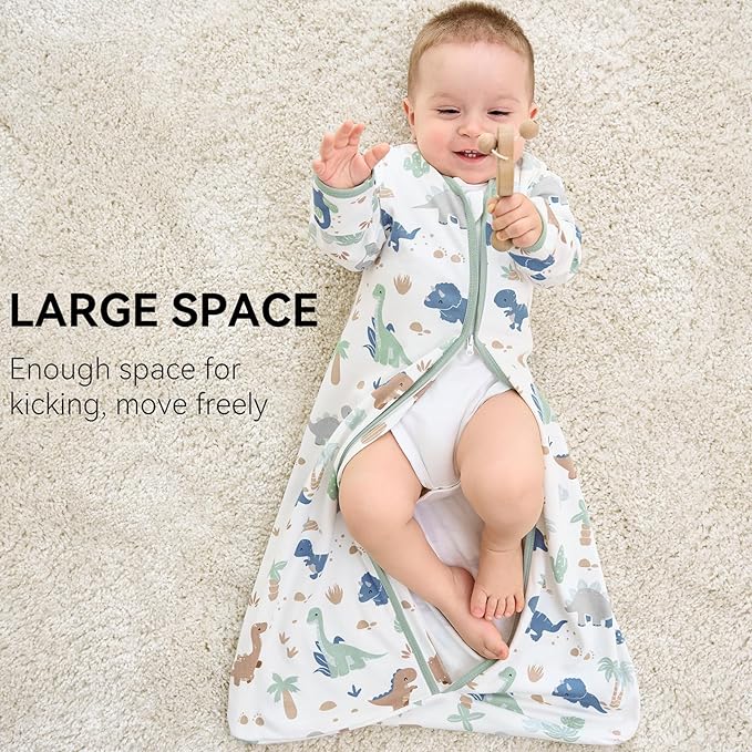 Baby Sleep Sack 0-6 Months, Long Sleeve Baby Wearable Blanket 0.5 Tog with Mittens, 2-Way Zipper Newborn Cotton Sleeping Sack for Boy and Girl Green Dinosaur 2 Pack (Small)