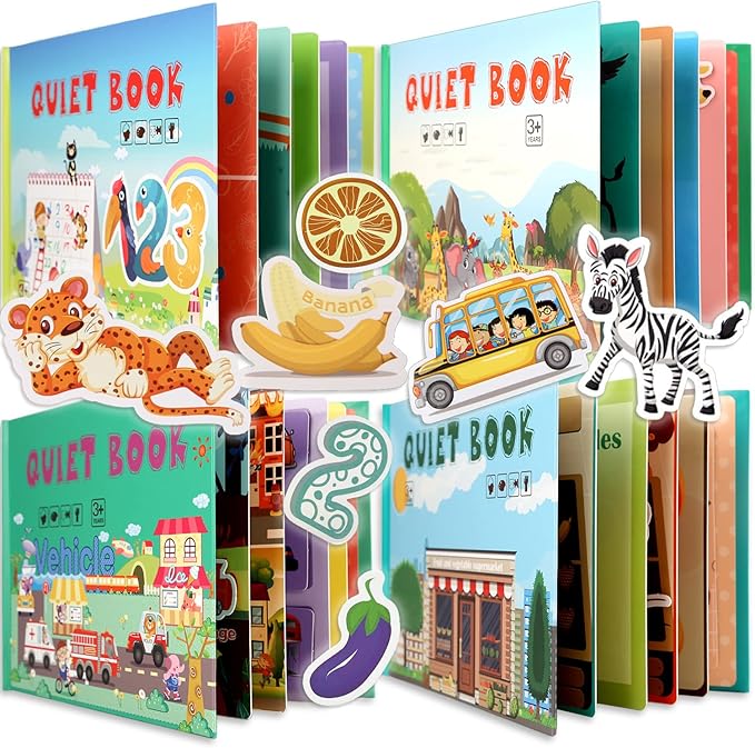 4 Subjects Montessori Quiet Book Busy Board for Toddlers, Toddler Travel Toys, Sensory Toddler Activities, Montessori Educational Toys for 2 3 4 Year Old Boys Girls Gift