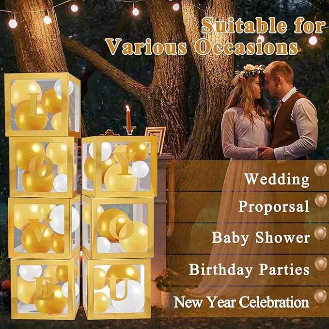Ledido Gold Transparent Balloon Boxes with 78 Letters, Baby Boxes with Letters for Baby Shower Clear Letter Boxes for Party Graduation Wedding Birthday Baby Shower Decorations 7 PCS