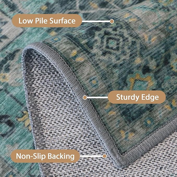 GENIMO 2x7 Runner Rugs for Hallway, Machine Washable Non Slip Vintage Rugs, Low Pile Lightweight Soft Print Rug for enrtyway, Corridor, Home Office, Kitchen, Dark Green