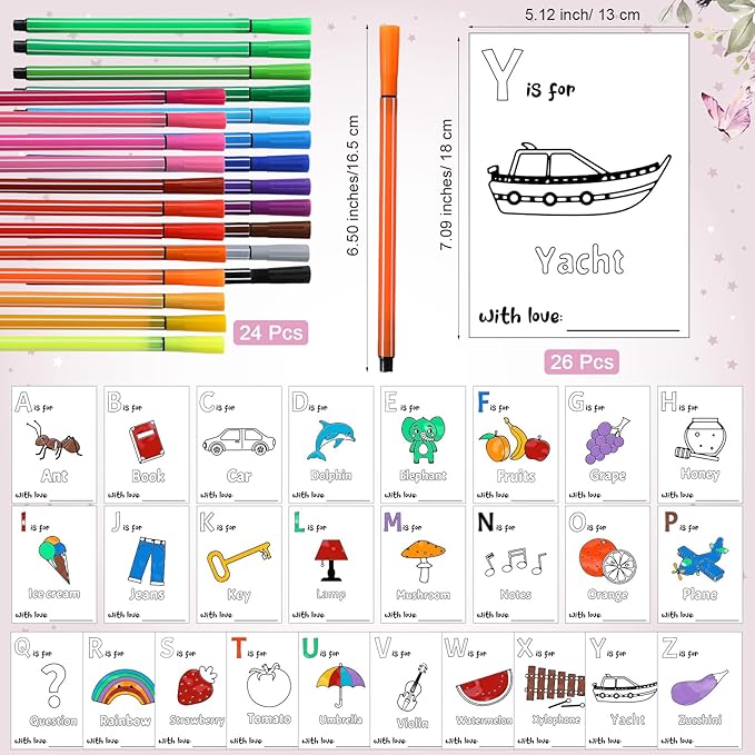 Geelin 51 Pcs Fun Baby Shower Game Activities First Abc Book Sign Coloring Game Card 26 Alphabet a to Z Coloring Card with 24 Watercolor Pen Storage Bag for Baby Shower Party(Wildflowers)