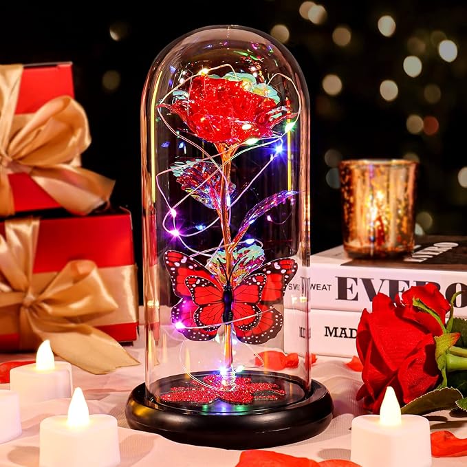 DEEMEI Birthday Gifts for Women Red Rose Eternal Flower Light Up Rose in Glass Dome with Butterfly, Flowers for Delivery Prime Anniversary Grandma Mom Gift Wife Girlfriend