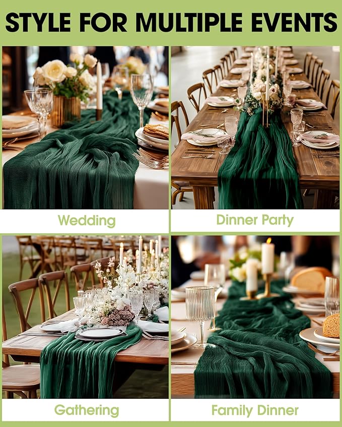 Pureegg 2-Pack Cheese Cloths Table Runner, 120'' Boho Table Cloth Decorations for Party, Baby Shower, Wedding and Farmhouse, Fabric Room Decor, Emerald Green