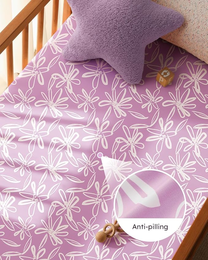 Baby Crib Sheets for Boys Girls, Fitted Crib Sheet Neutral 3 Pack for Standard Crib and Toddler Mattress, Breathable Soft Microfiber Baby Sheet 28x52x8in Purple Leaf